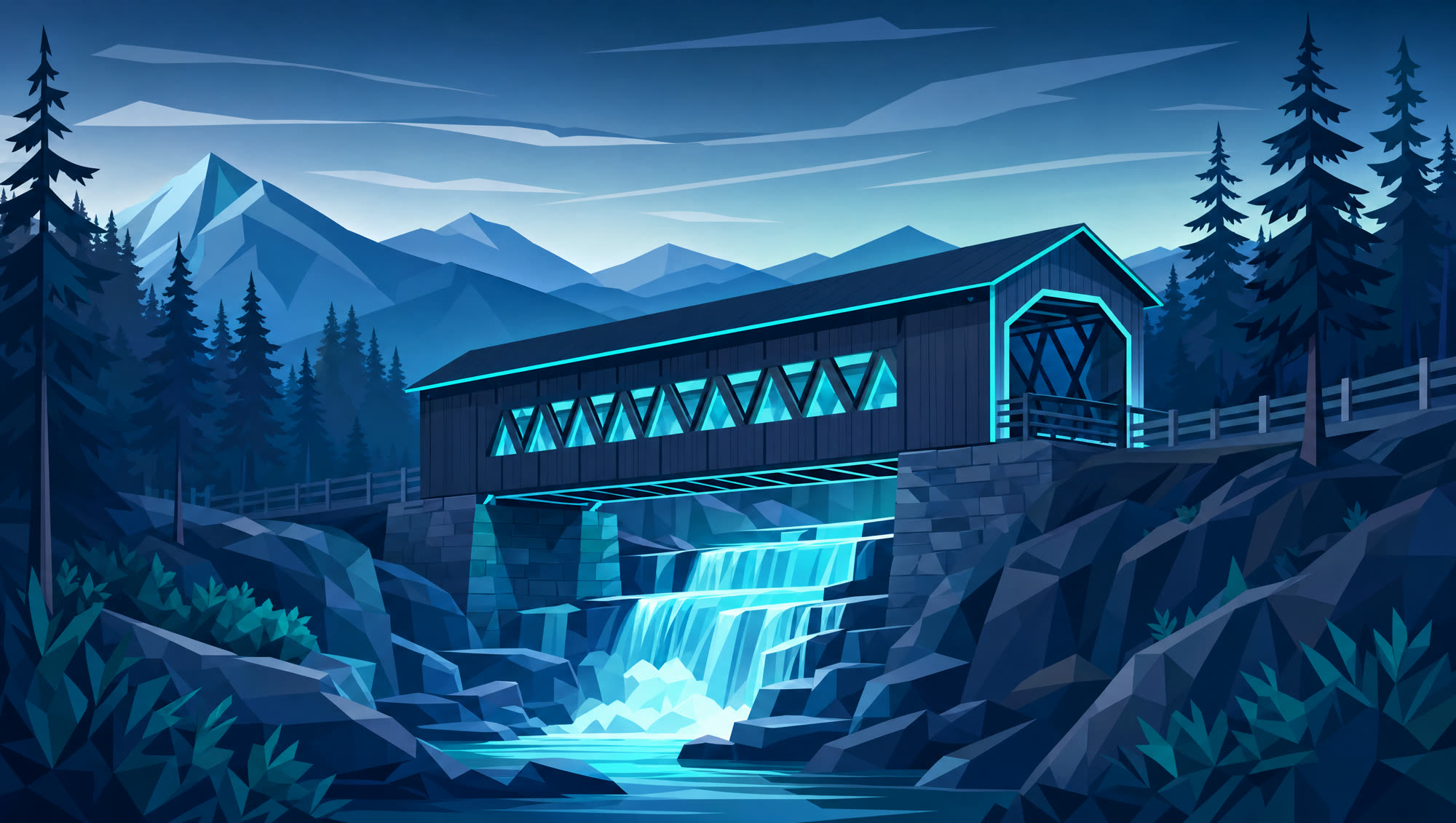 A low-poly illustration of a covered bridge crossing a glowing waterfall at dusk